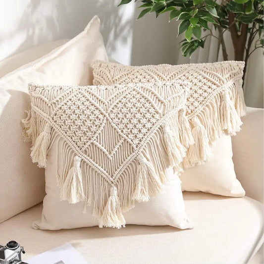 Cotton Linen Macrame Hand-woven Pillow Covers - Bohemian Style Home Decor
